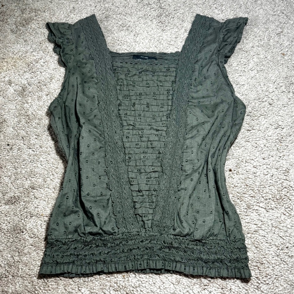 Y2K Olive Green Lucky Brand Lace Trim Smocked boho coquette Peasant Top Small